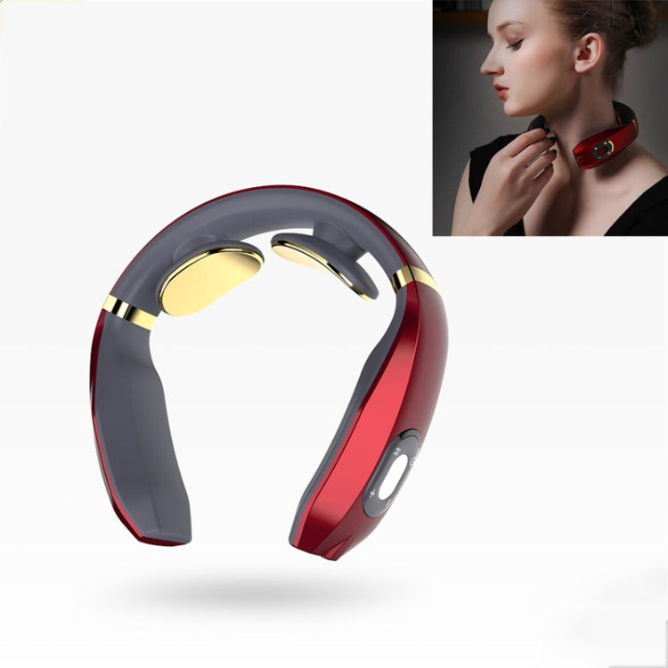 Red and black U-shaped neck massager with gold trim and control button