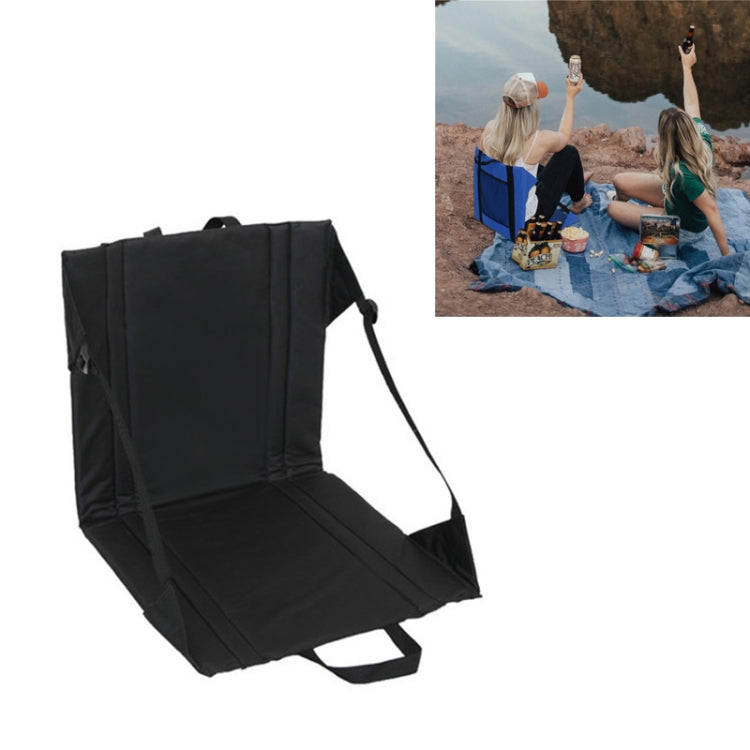 Black folding seat cushion with black carry straps and padded backrest