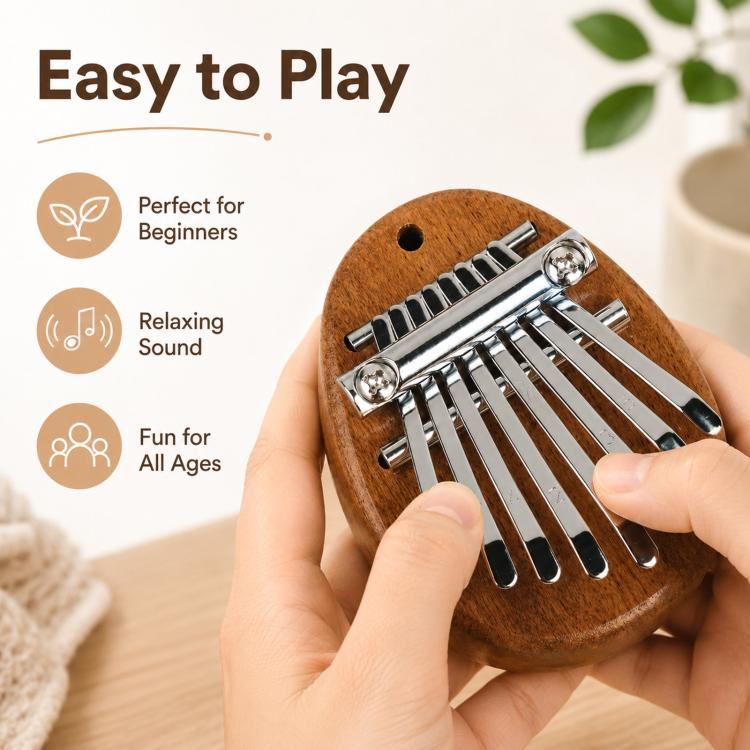 Brown wooden 8-note kalimba with silver metal keys, played with fingers