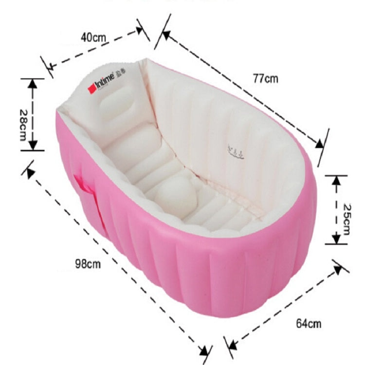 Pink inflatable baby bath tub with dimension diagram and curved side walls
