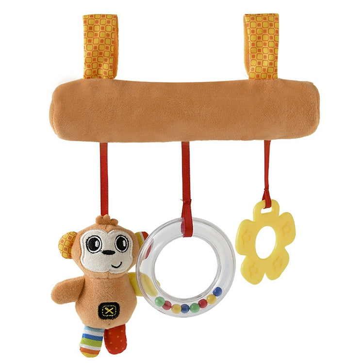 Baby stroller hanging animal rattle ornament with tan bear plush and beaded ring toy