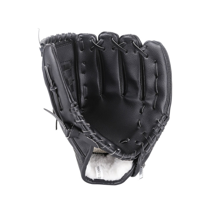 Black baseball glove with laced web and plush padded palm