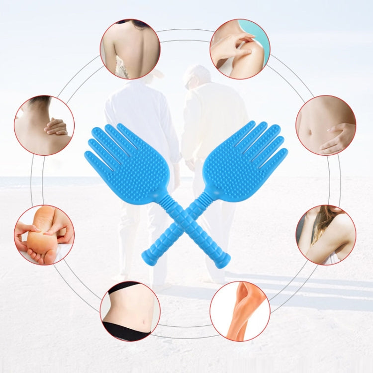 Blue silicone palm massager with textured bump pads and ridged finger prongs