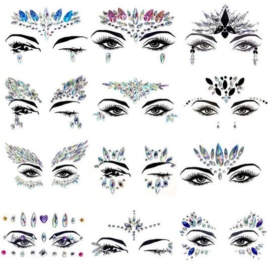 Sheet of assorted jeweled face stickers with rhinestone eye, brow, and forehead designs