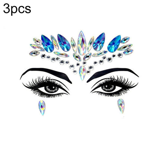 Three-piece jeweled masquerade face stickers: blue gem brow + forehead center, eye teardrops