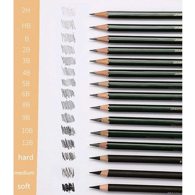 Graphite pencil set with graded lead levels and shaded sample marks