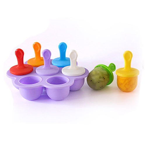 Silicone mini ice pop mold tray with lavender, yellow, green, and red cups