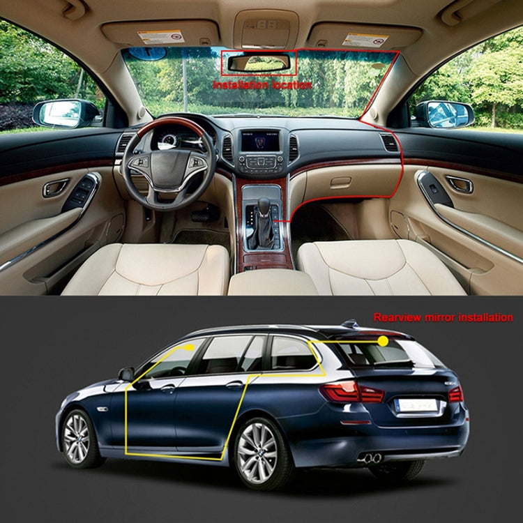 Rearview mirror dash cam installation view with marked install and review mirror areas