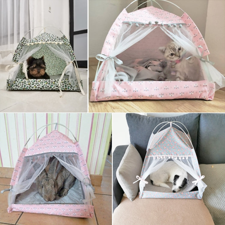 Multi-view cat tent set showing leopard and pink designs with mesh front openings