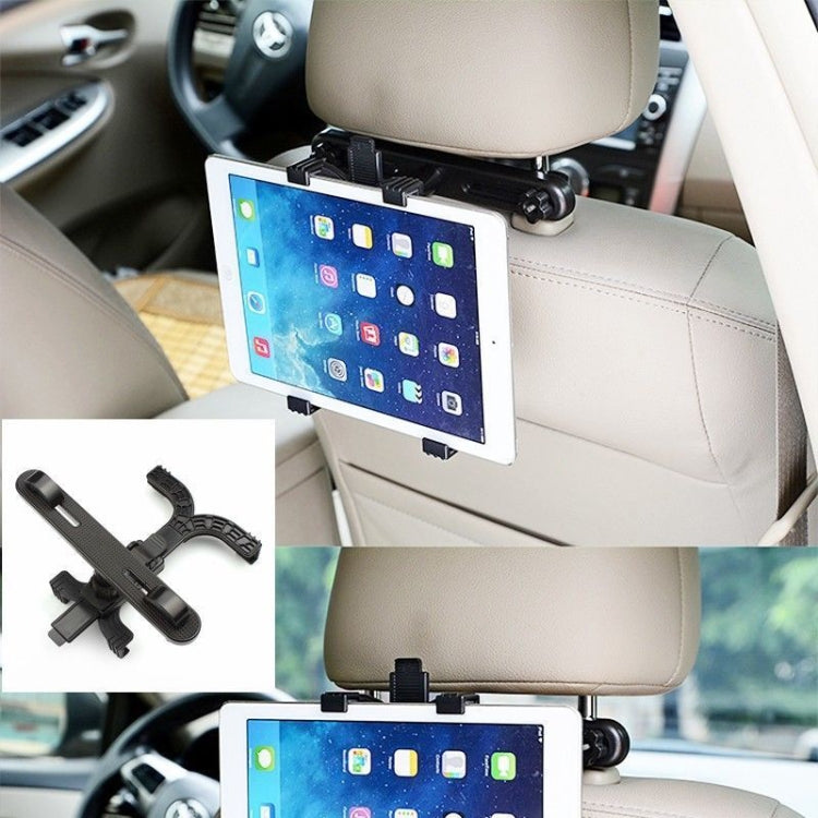 Black car headrest tablet mount bracket holding tablet to the seat headrest