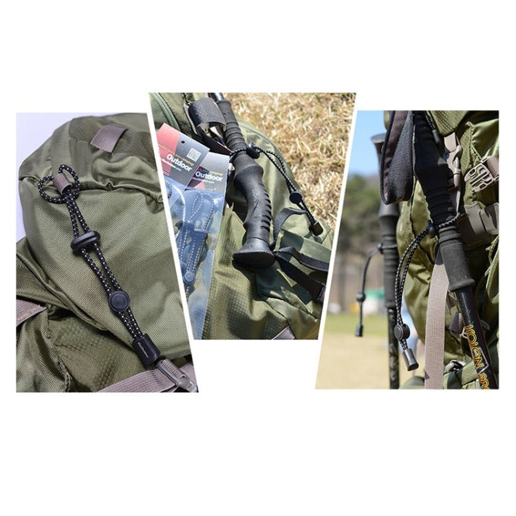 Trekking pole straps on backpack, elastic rope with black buckles and loop ends