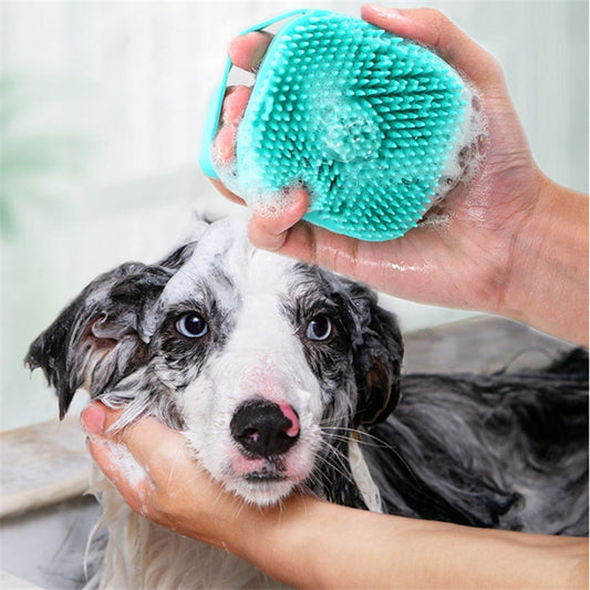 Teal pet bath massage brush with soft silicone nubs for scrubbing fur