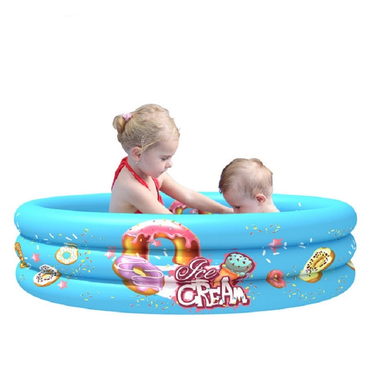 Inflatable three-ring round pool with 'Ice Cream' design, blue and two kids playing