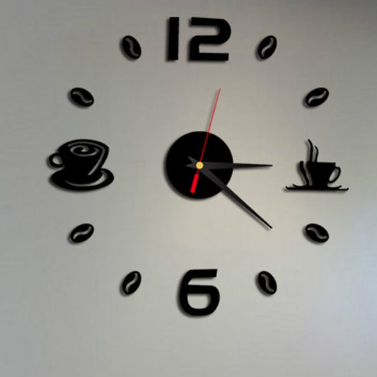 Black wall clock sticker set with coffee cup and bold 12 and 6 numbers