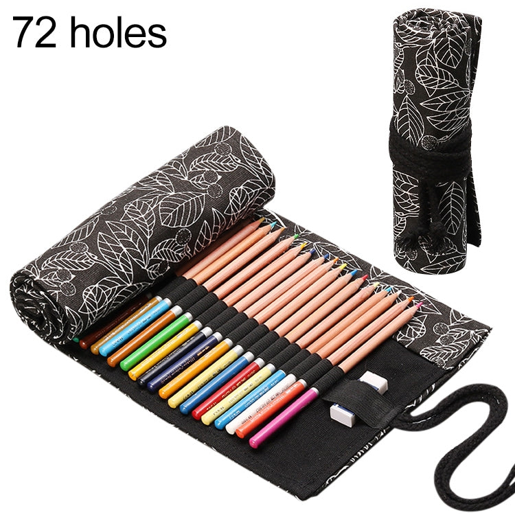 Black leaf-print canvas pencil roll case, 72 slots, with elastic straps and tie cord