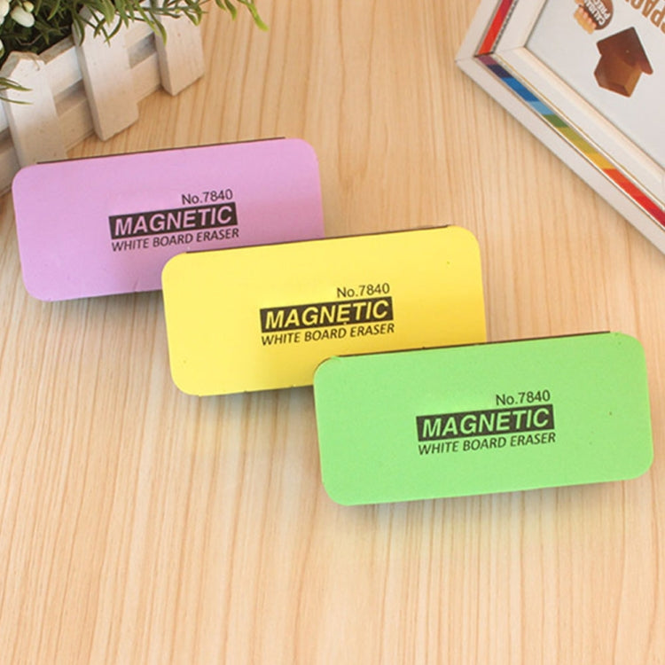 Magnetic whiteboard erasers labeled No.7840 foam blocks in yellow, green, and purple