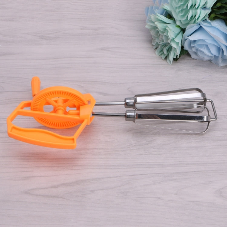 Stainless steel egg whisk with orange rotating wheel and double wire beaters