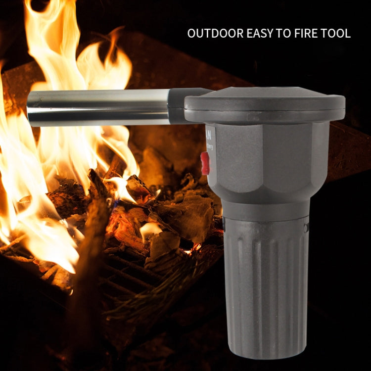 Portable electric grill fan blowing toward flames on a grill