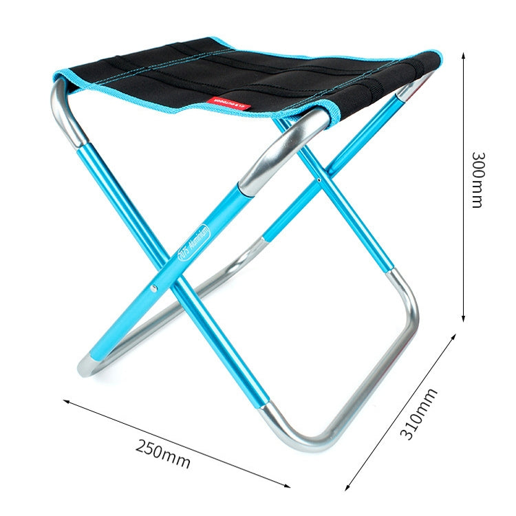 Blue folding stool with black padded seat and aluminum legs; size diagram included.