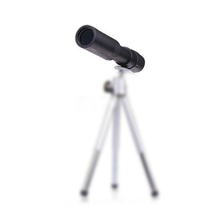 Black zoom telescope on three-legged tripod with wide objective lens