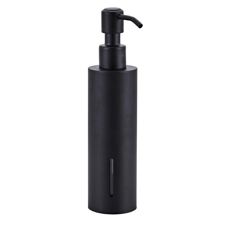 Cylindrical manual soap dispenser in matte black with pump and front slot