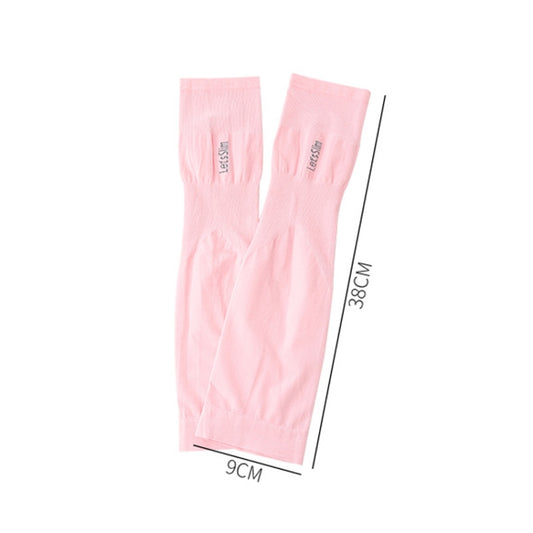 Pink ice-silk arm sleeves with thumb openings, 38 cm length