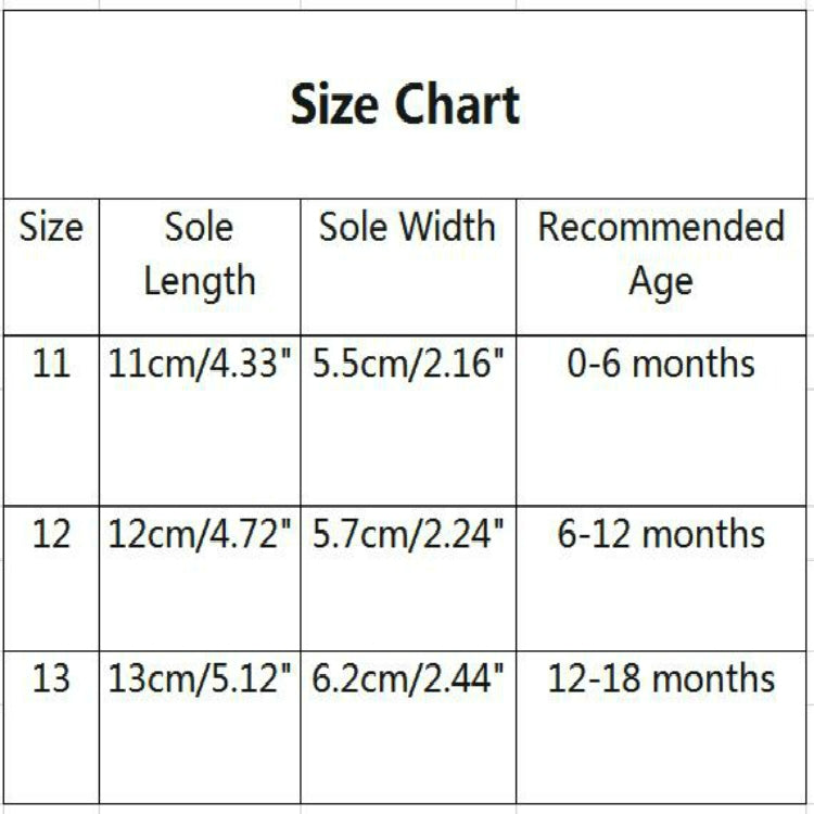 Size chart: sole length 11/12/13 cm with recommended age 0–6, 6–12, 12–18 months