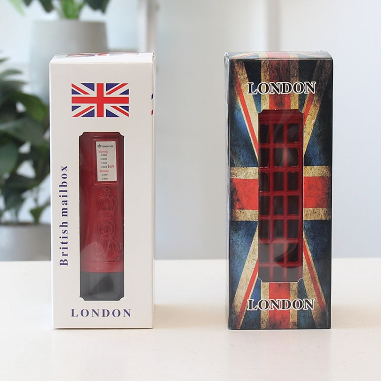 London-themed packaging for a red tin telephone booth piggy bank mailbox