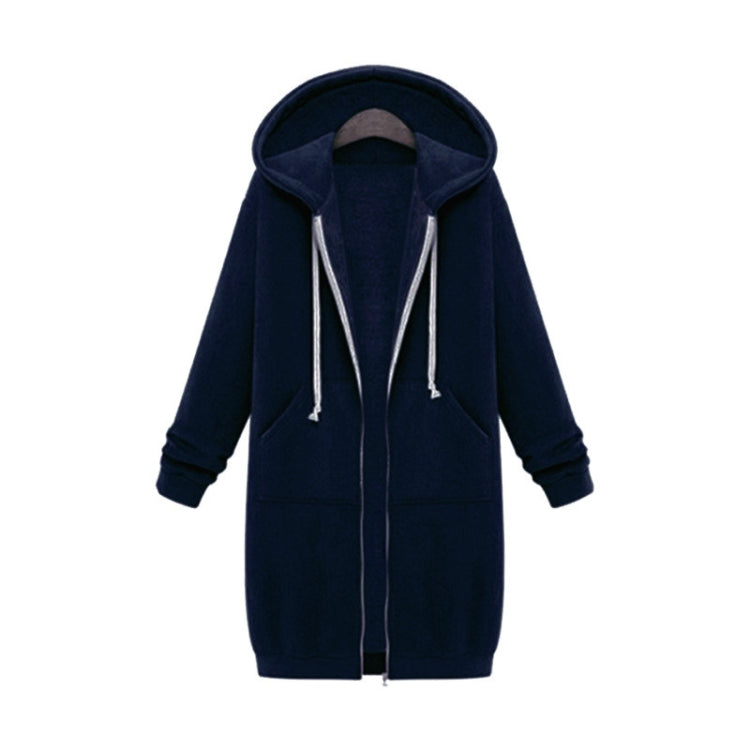Women’s hooded long-sleeve sweater coat in navy blue, zip front, drawstring, side pockets