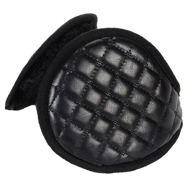 Black quilted leather earmuffs with plush ear pad and stitched square lattice pattern