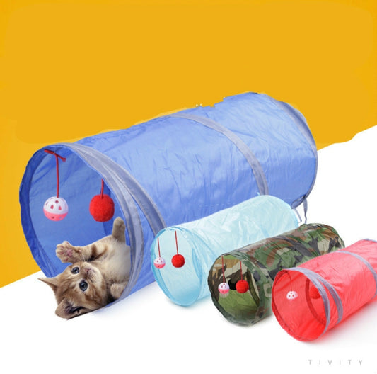 Blue cat tunnel with a kitten peeking from the opening and two hanging toys