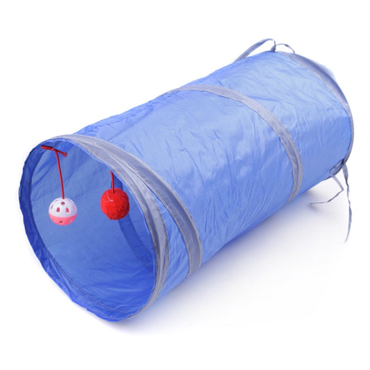 Blue two-way cat tunnel with two hanging ball and pom toys on the entrance