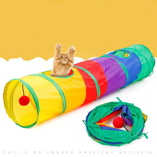 Foldable rainbow cat tunnel toy with peek holes and red ball on elastic string