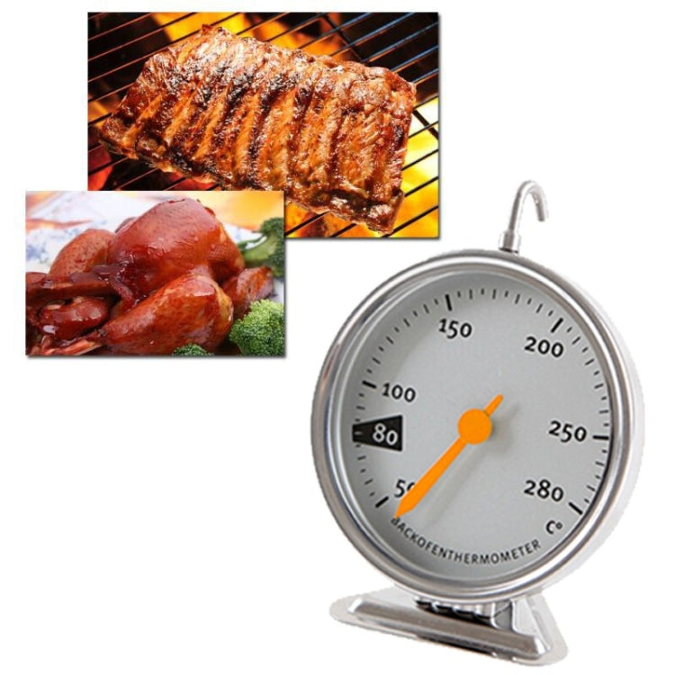 Hanging stainless steel oven thermometer with round dial, orange pointer, and °C markings