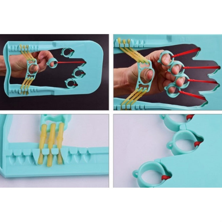 Finger gripper exerciser close-ups: blue tray, green loops, and gold finger rods
