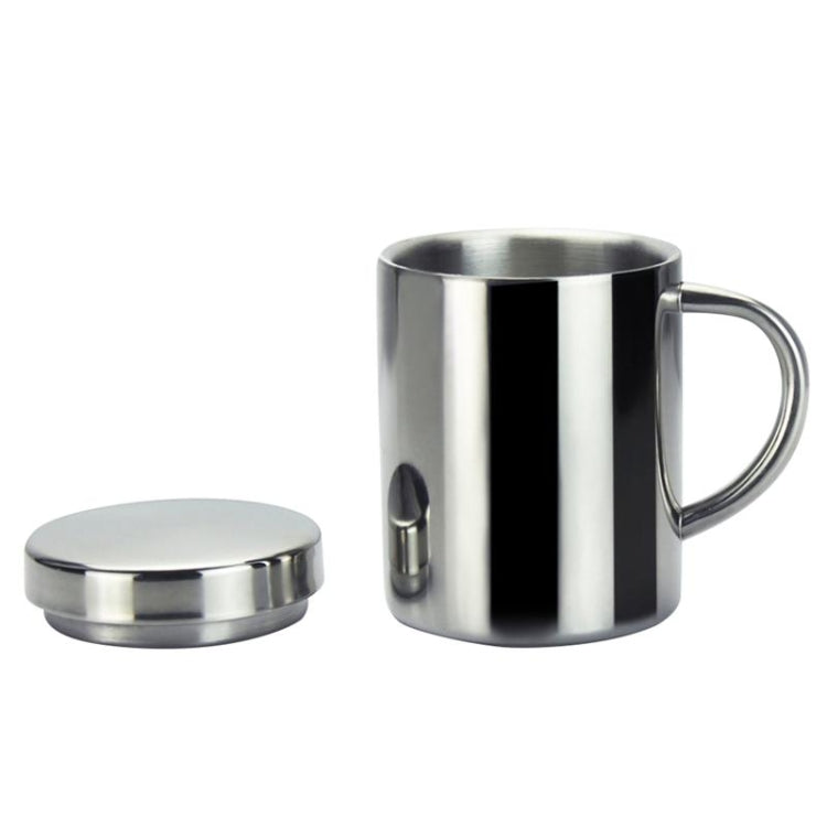 Stainless steel insulated coffee mug with lid and curved loop handle