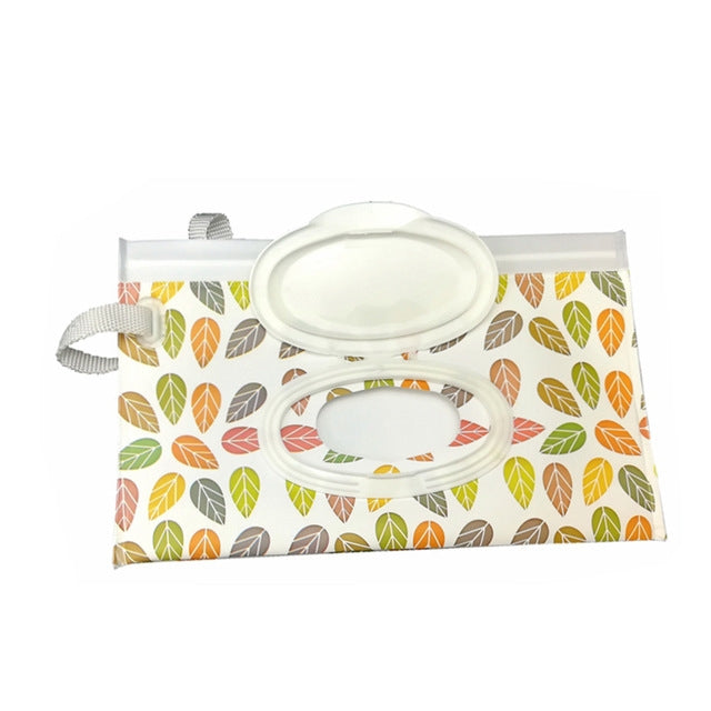Leaves-print reusable wet wipe pouch with twin oval white lids and carry strap