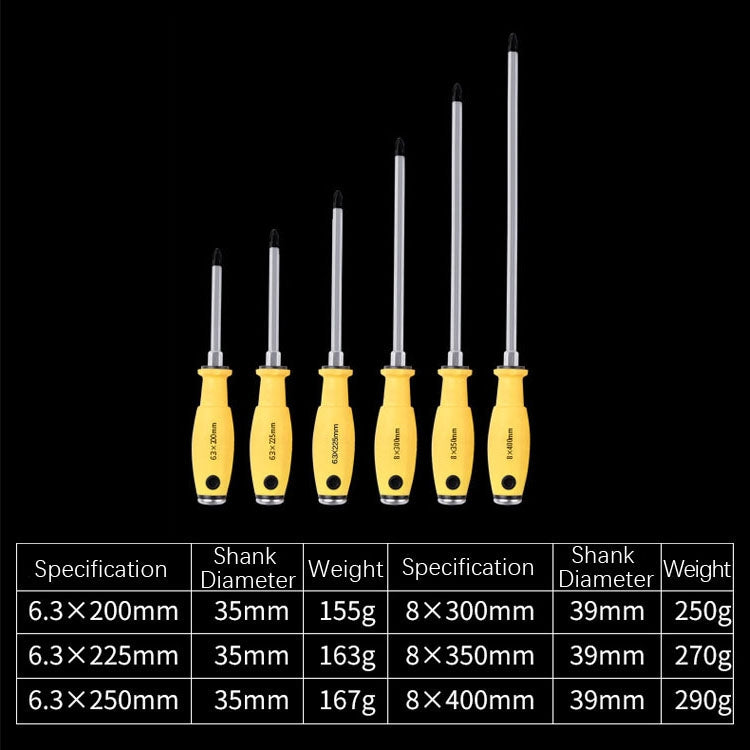 Percussion screwdriver set with yellow handles, Phillips tips, various lengths