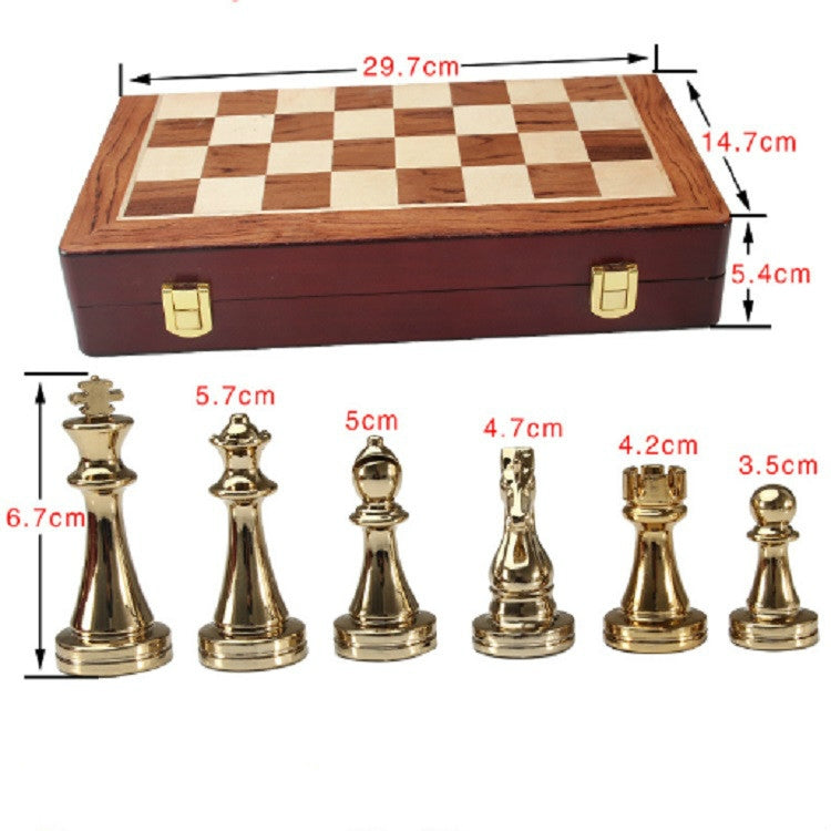 Wooden chessboard case with clasp and gold-and-silver metal chess piece set