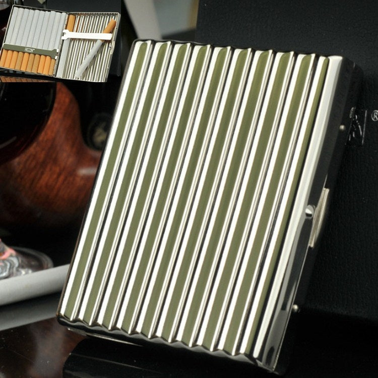 Silver corrugated cigarette case with vertical ribbed stripes and side latch
