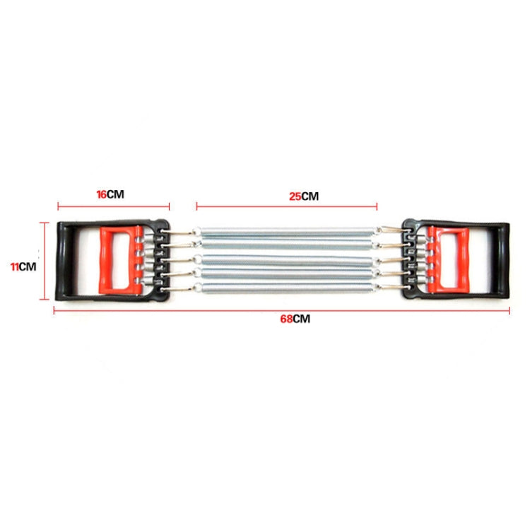 Chest expander length diagram with red end grips and silver tension springs