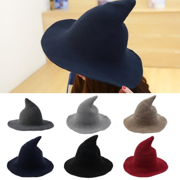 Assorted wool wizard hats in dark grey, navy, and red tones