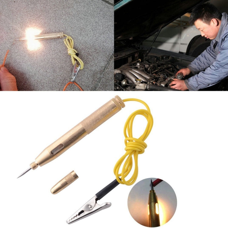 Copper circuit test pen with pointed tip, yellow cord, and alligator clip