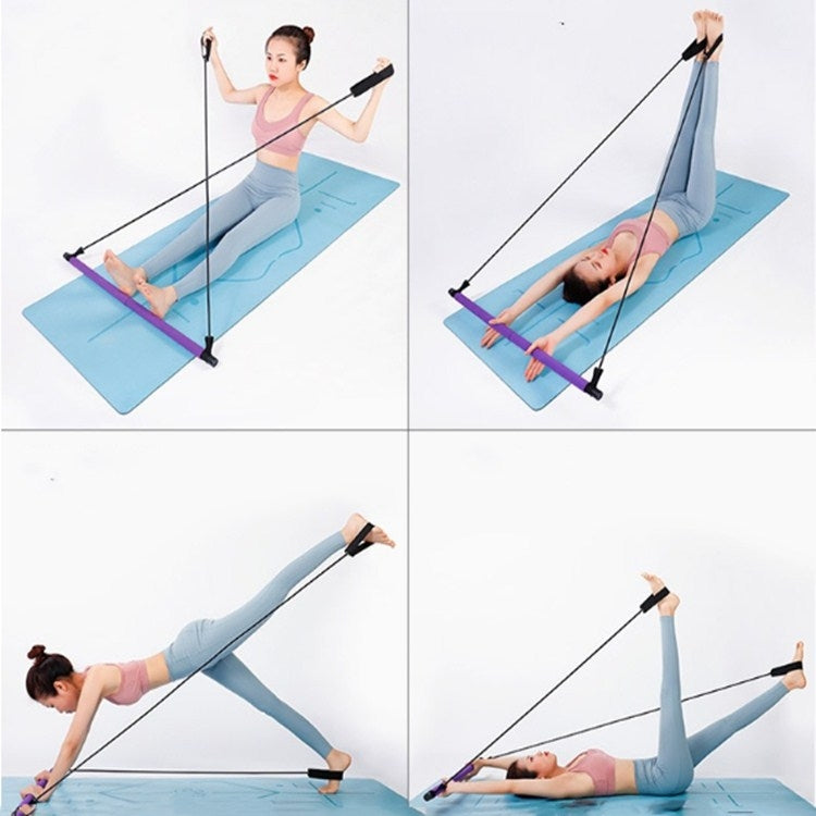Purple Pilates stick stretching band used for assisted stretching on a yoga mat