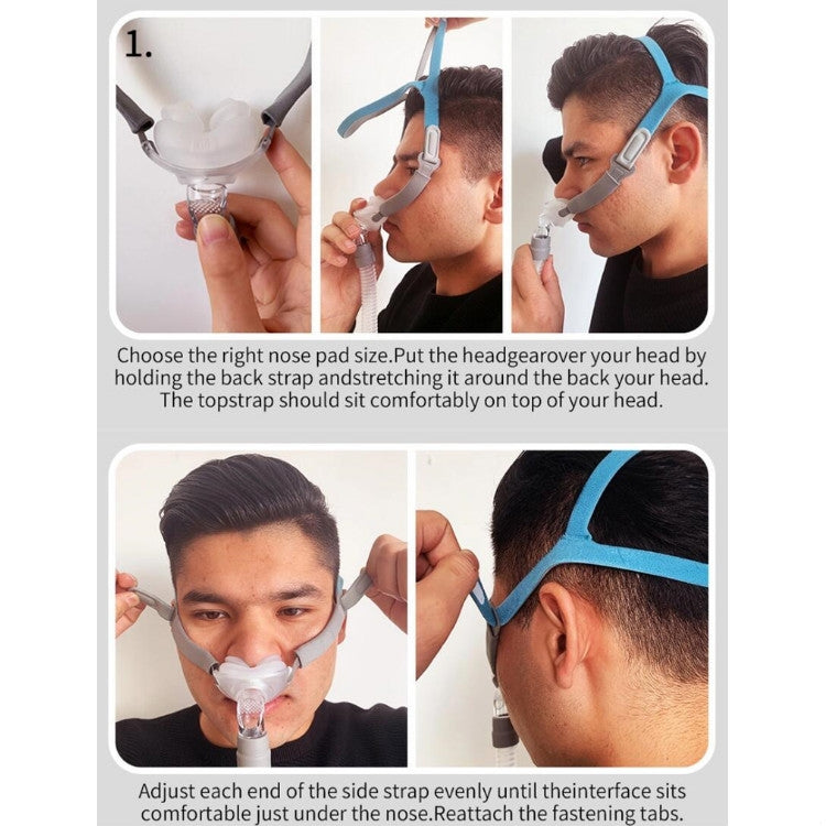 Person wearing nasal CPAP mask, adjusting headgear strap for fit