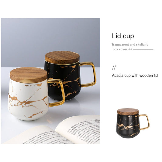 Marble Matte Gold Series Ceramic Tea Cup Coffee Mug With Wooden Lid Or Tray