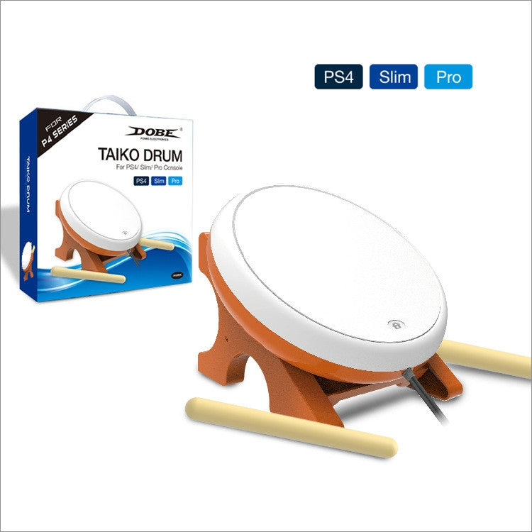 Taiko drum controller set with box, white drum with orange base and gold drumsticks