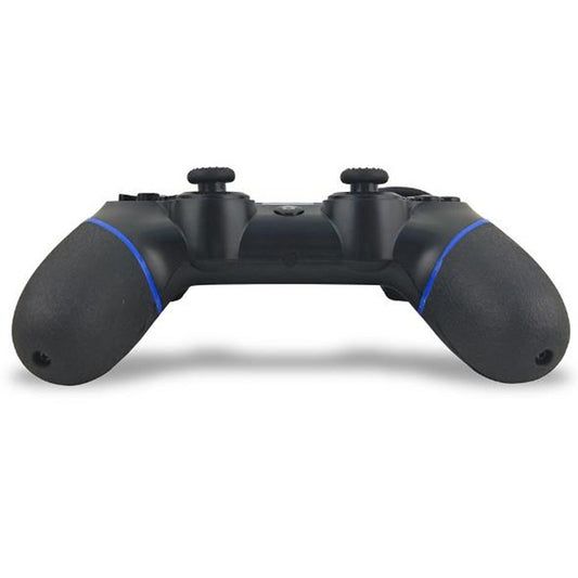 Wired game controller rear view with blue side accents and twin thumbsticks