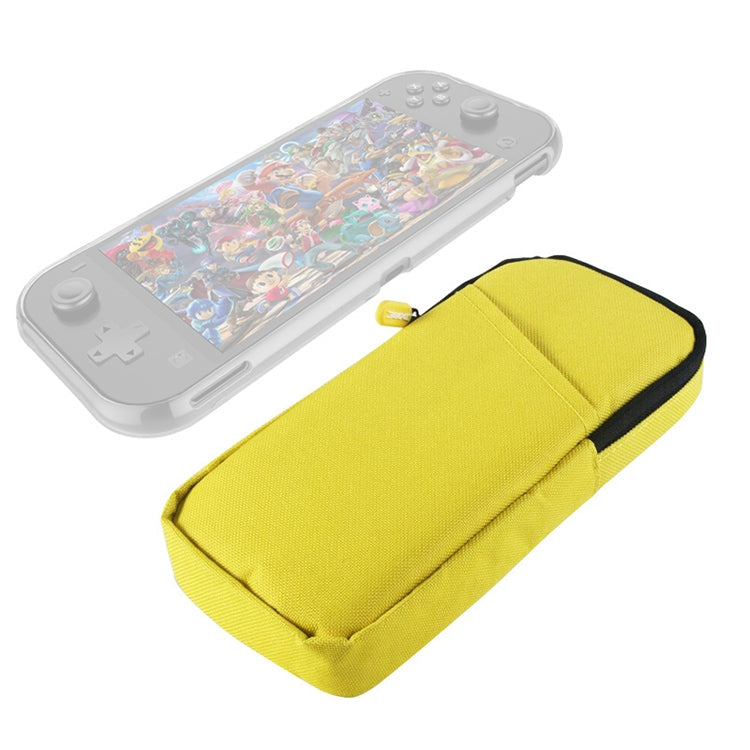 Yellow soft console storage pouch with zipper and black trim, compact rectangular case