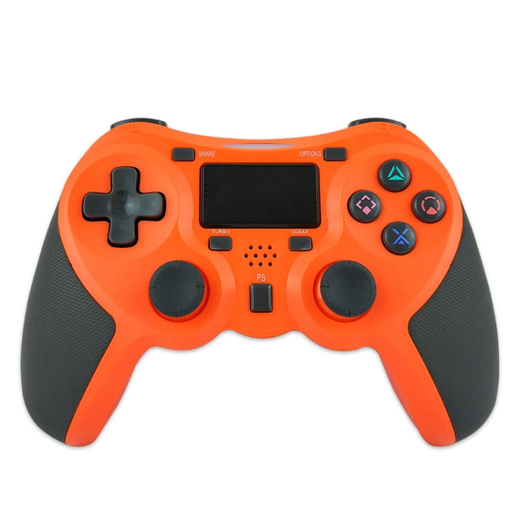 Orange rubberized wireless game controller front view with black D-pad and thumbsticks